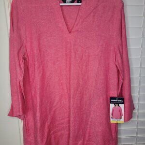 Lands End Pink Linen blend Tunic Top Split Neck 3/4 Sleeve S Beachcore Granny